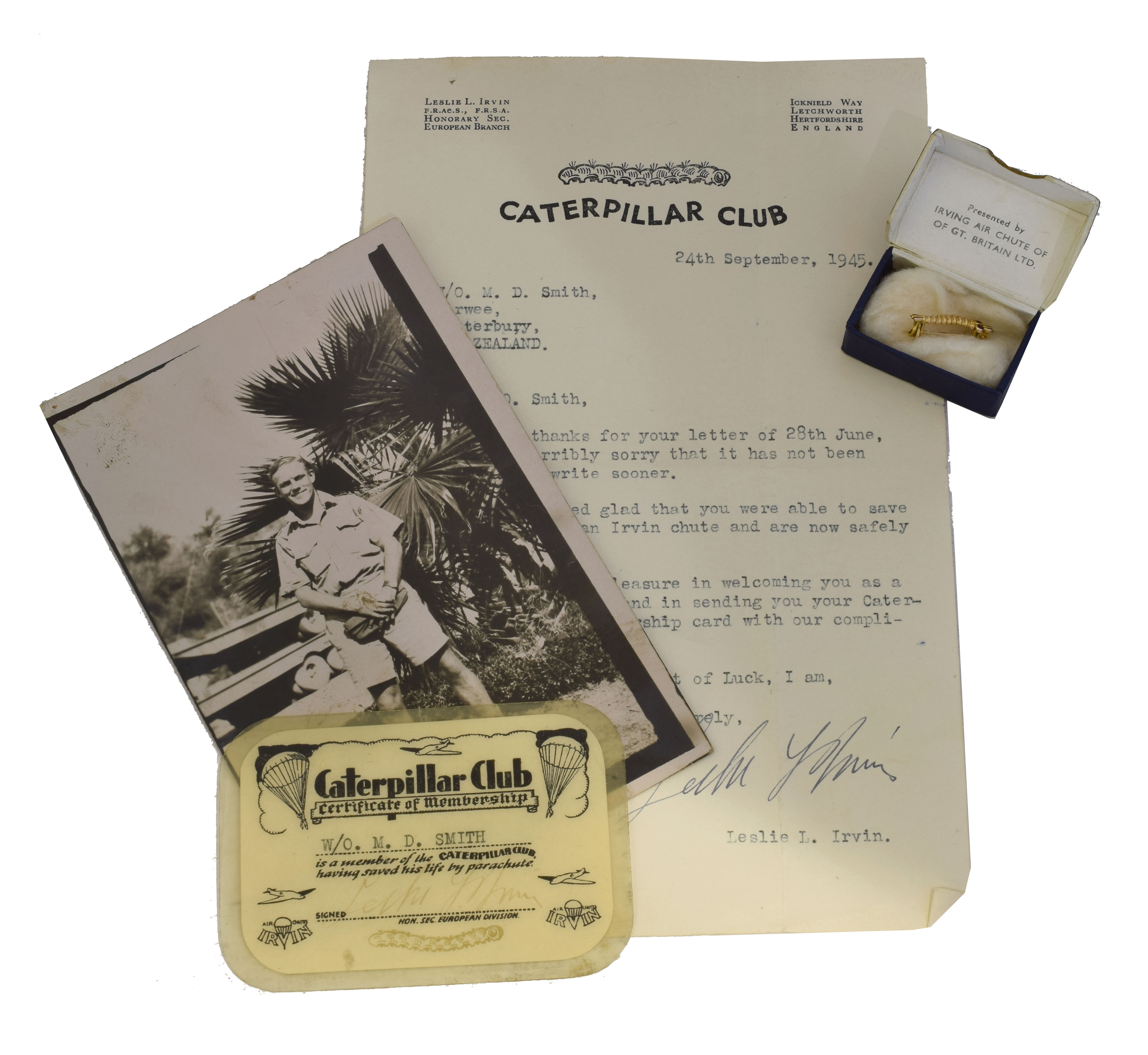 1945 Caterpillar Club membership certificate, letter, card and pin